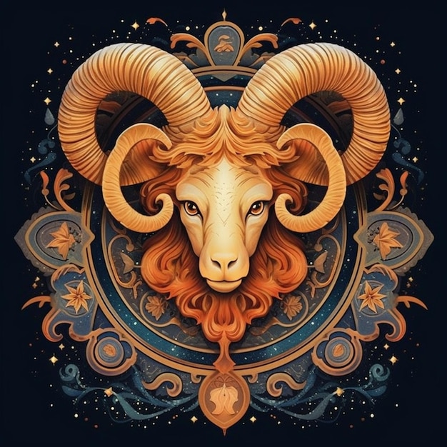 Zodiac sign of ram with golden horns and ornate ornaments generative ai