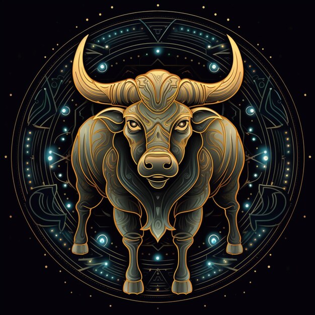 zodiac sign of taurus with golden horns and glowing eyes generative ai