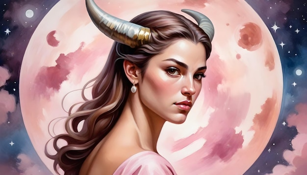 Photo zodiac sign taurus a woman with horns and horns has horns on her head