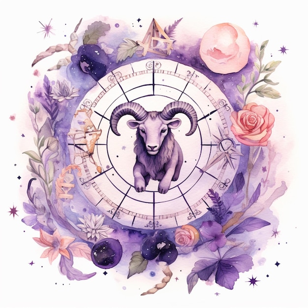 Photo zodiac sign with a goat in the middle surrounded by flowers generative ai