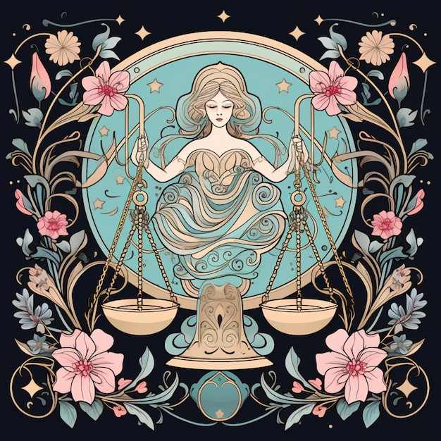 zodiac sign with a woman holding a scales and flowers generative ai