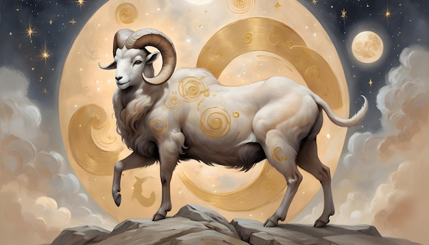 Знаки зодиака Овен овца с золотым фоном и луной за ней