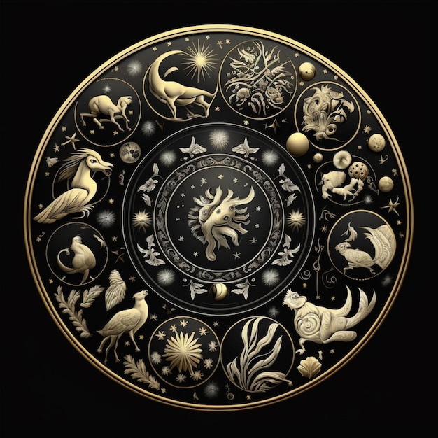 Photo zodiac signs in a circle with gold and black background generative ai
