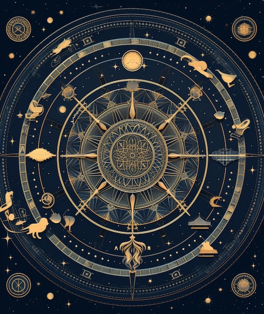 Zodiac signs in a circle with gold stars and planets generative ai