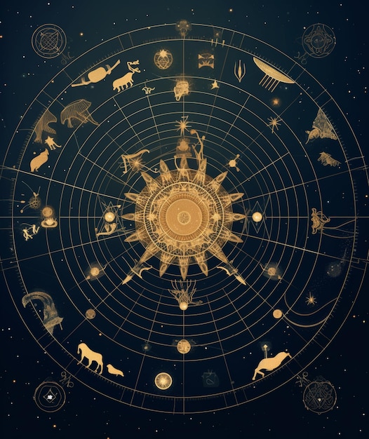 Zodiac signs in a circle with a gold sun and animals generative ai