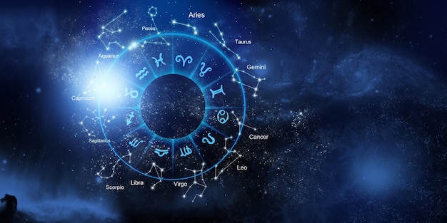 Photo zodiac signs inside of horoscope circle astrology in the sky with many stars horoscopes concept