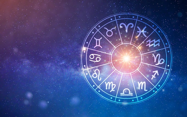 Zodiac signs inside of horoscope circle. Astrology in the sky with many stars and moons  astrology and horoscopes concept