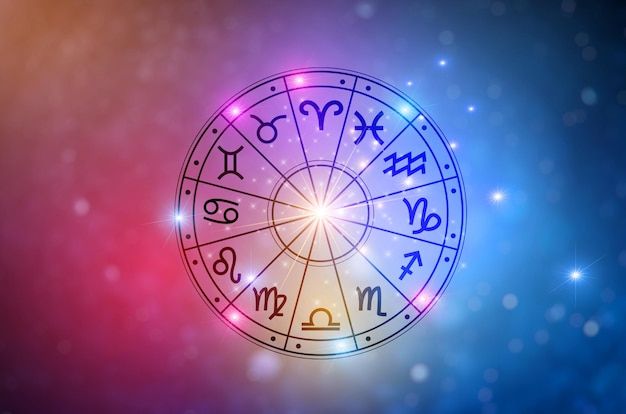 Zodiac signs inside of horoscope circle Astrology in the sky with many stars and moons astrology and horoscopes concept