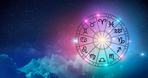 Zodiac signs inside of horoscope circle Astrology in the sky with many stars and moons astrology and horoscopes concept