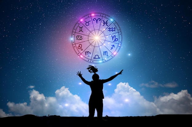 Zodiac signs inside of horoscope circle Astrology in the sky with many stars and moons astrology and horoscopes concept