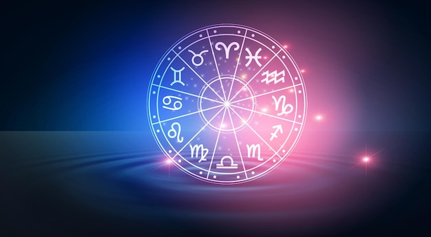 Zodiac signs inside of horoscope circle astrology in the sky\
with many stars and moons astrology and horoscopes concept