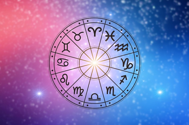 Foto segni zodiacali all'interno del cerchio dell'oroscopo astrologia nel cielo con molte stelle e lune astrologia e concetto di oroscopi