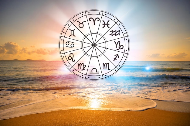 Zodiac signs inside of horoscope circle Astrology in the sky with many stars and moons