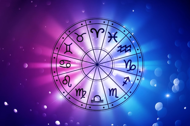 Segni zodiacali all'interno del cerchio dell'oroscopo astrologia nel cielo con molte stelle