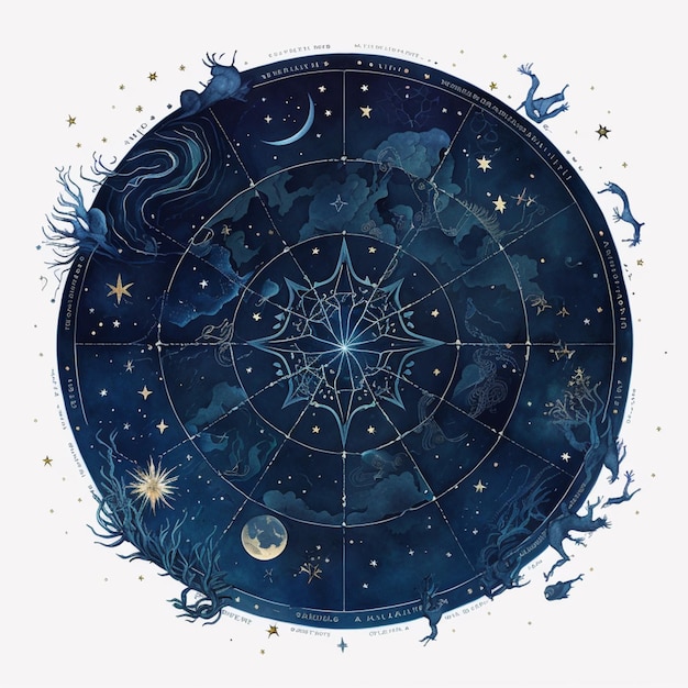 Zodiac signs in the sky with a star chart in the middle generative ai