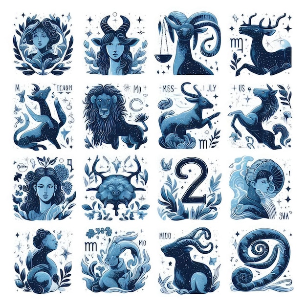 Foto simboli dei segni zodiacali nel design blu