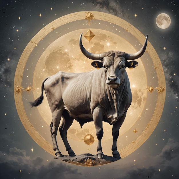 写真 ゾディアック・サイン・タウルス 月と星を背景にした雄牛