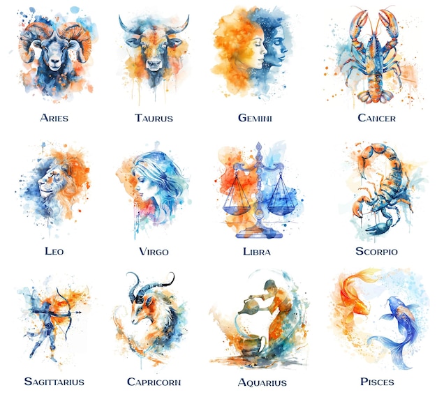 Photo zodiac signs in watercolor on the white background