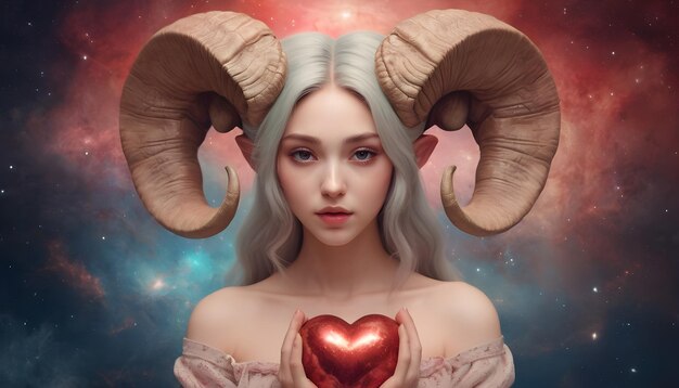 Zodiac teken Ram mooie vrouw universum achtergrond rood hart liefde horoscoop
