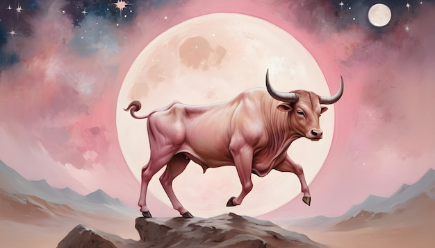 Zodiac teken Stier een koe staat op een berg met een volle maan op de achtergrond