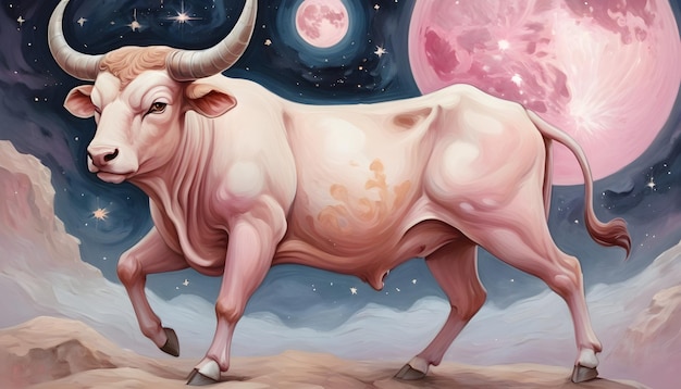 Zodiac teken Stier een schilderij van een koe met een maan en sterren op de achtergrond