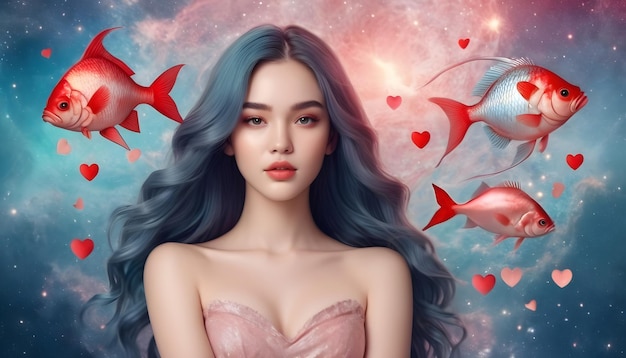 Zodiac teken Vissen mooie vrouw universum achtergrond rood hart liefde horoscoop