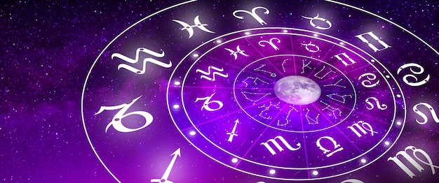 Photo zodiac wheel touch screen hologram astrology concept