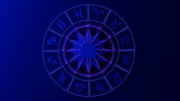 Foto ruota dello zodiaco con segni. illustrazione 3d. astrologia. oroscopo.