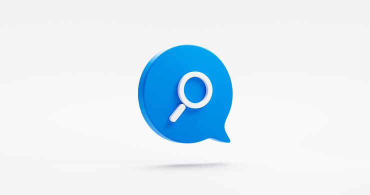 Foto zoek 3d pictogram vergrootglas geïsoleerd op een witte achtergrond met blauwe tekstballon bericht vind symbool eenvoudig concept of vergroting loep ontdekking apparatuur en inspecteer beoordeling analyse web teken