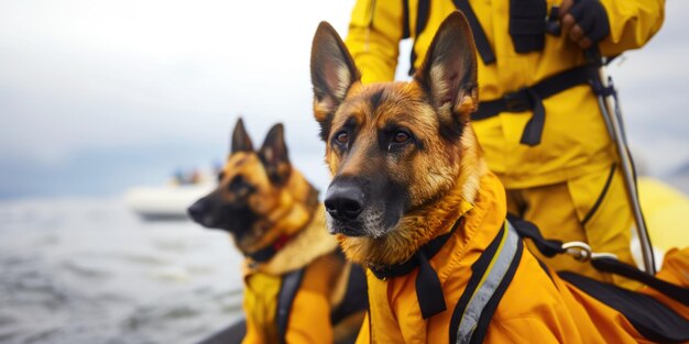 Zoek- en reddingshonden op een boot zeilen met een team op een missie Banner met kopieerruimte