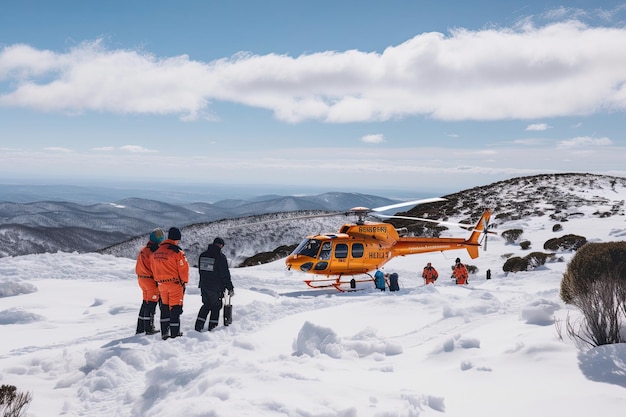 Zoekactie in bergen Medische reddingshelikopter in besneeuwde bergen Generatieve AI