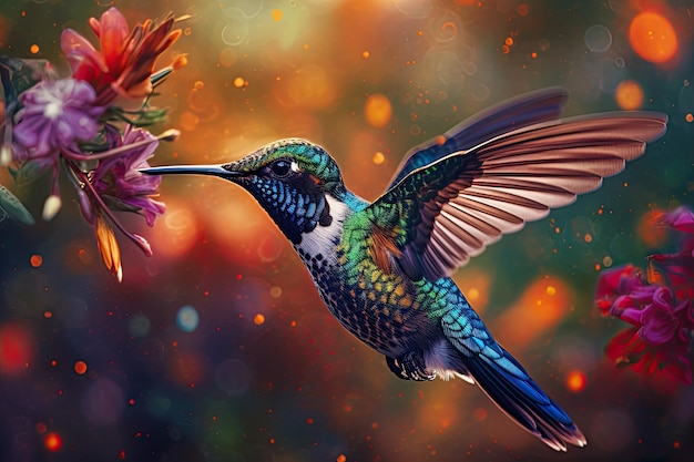 Zoemende vogel zweeft over kleurrijke met stuifmeel gevulde bloemen Generatieve AI