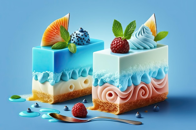 Zoet dessert voor ontbijt of dessertmoussecakes op blauwe achtergrond gemaakt met generatieve ai