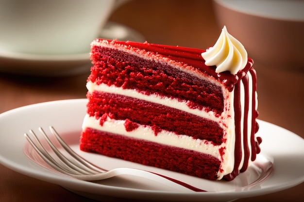 Zoet dessert zelfgemaakte red velvet cake met slagroom op bord gemaakt met generatieve ai