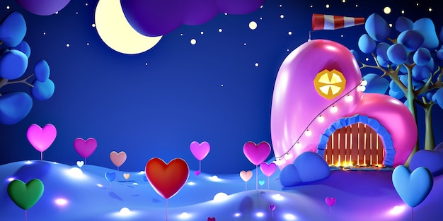 Zoet huis in de vorm van een roze hart 's nachts met een sterrenhemel, met planten in de vorm van hartjes en vuurvliegjes.