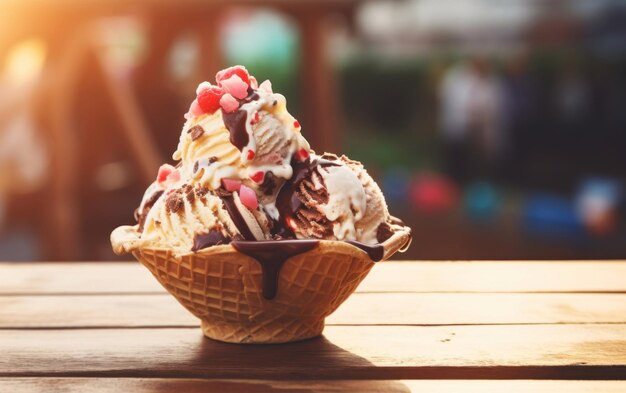 Zoet ijs dessert op een houten tafel