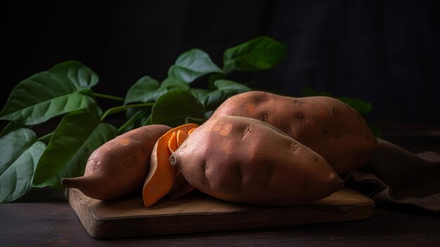 Zoete aardappelen op een houten snijplank met een groene plant erachter