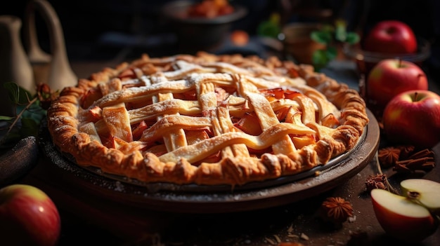 Zoete appeltaart met witte suiker hagelslag op een houten dienblad en onscherpe achtergrond