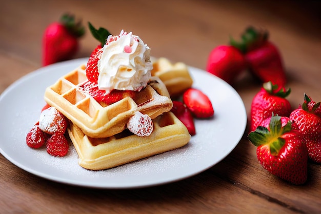 Zoete Belgische wafels met aardbeien en slagroom in plaat op houten tafel