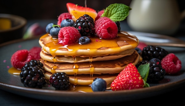 Zoete bessenpannenkoekjes met frambozensiroop en munt gegenereerd door AI