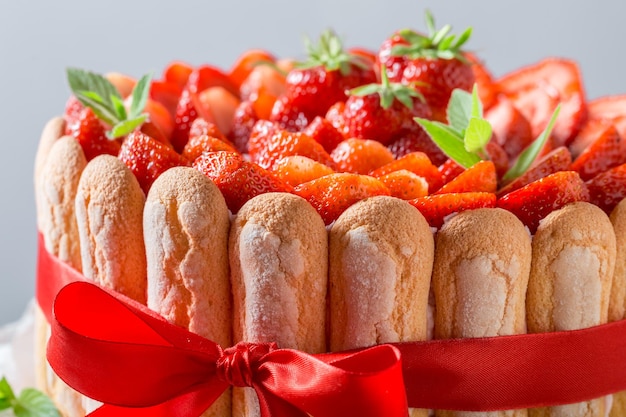 Zoete cake met aardbeien en slagroom