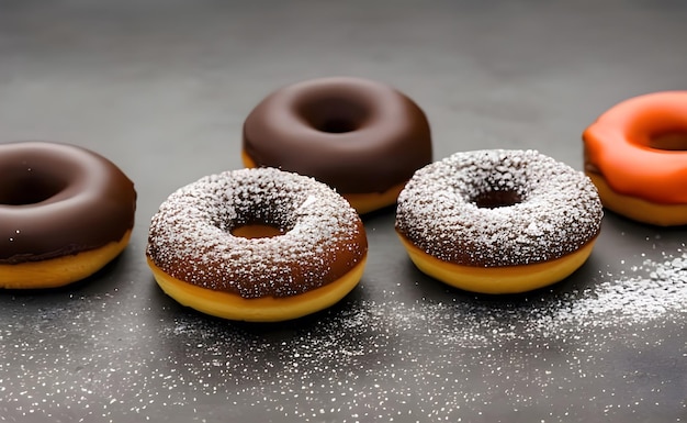 Zoete chocolade donuts op de donkere tafel.