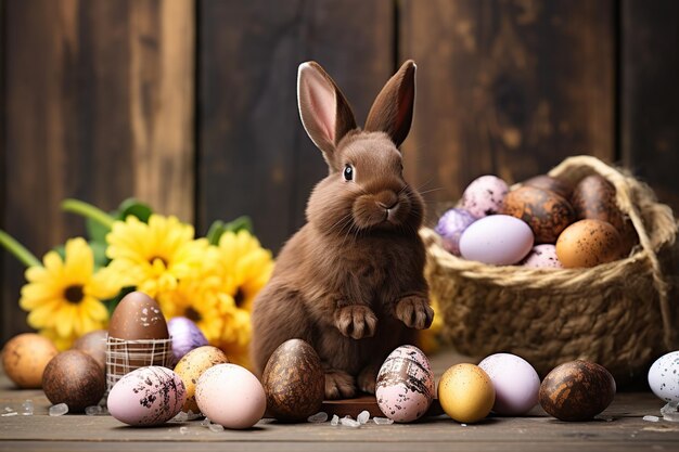 Zoete chocoladekonijn en paaseieren op houten achtergrond