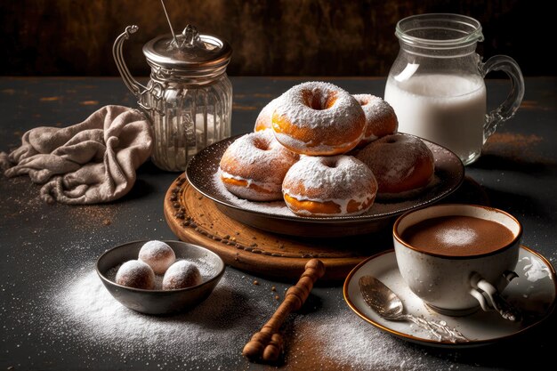 Zoete dessertdonuts in poedersuiker en glazuur op tafel