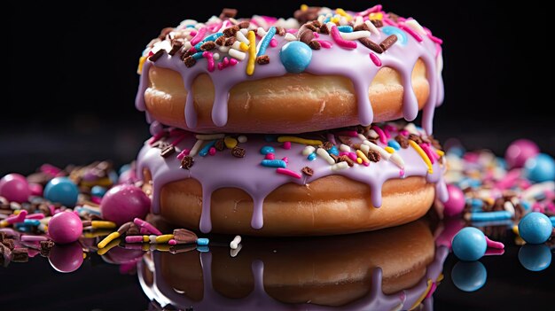 Zoete donuts gevuld met gesmolten chocolade en hagelslag met een onscherpe achtergrond