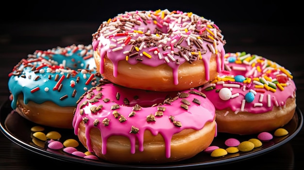 Zoete donuts gevuld met gesmolten chocolade en hagelslag met een onscherpe achtergrond