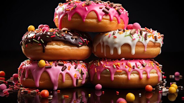 Zoete donuts gevuld met gesmolten chocolade en strooitjes met een wazige achtergrond