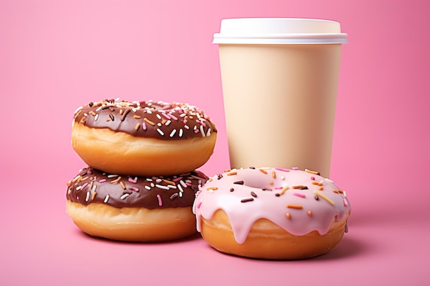 Zoete donuts met sprinkles en een papieren kopje drank op roze achtergrond