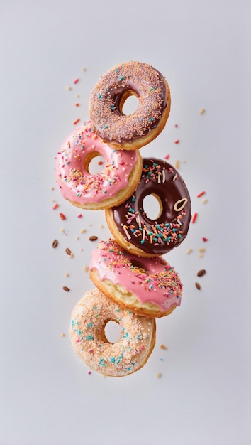 Zoete en heerlijke kleurrijke donuts cake bakkerij vallen of vliegen zwevend tijdens het bewegen 2