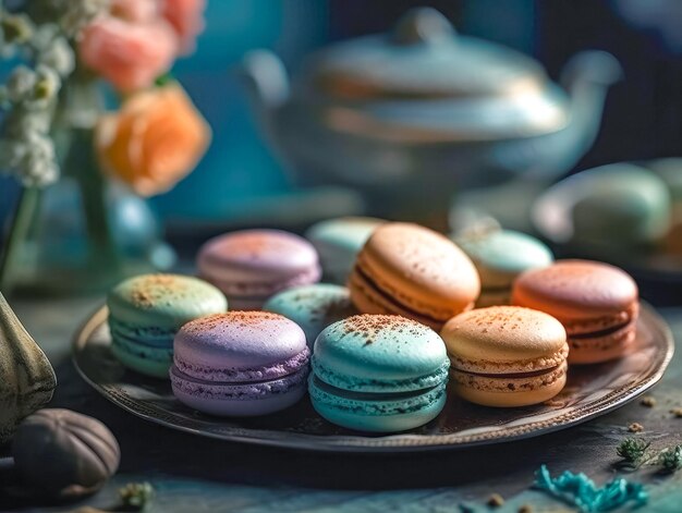 Zoete en kleurrijke Franse macaroons op retrovintage achtergrond Ai gegenereerd